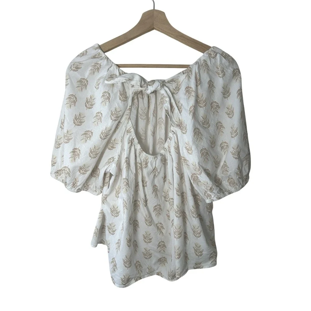 Old Navy Floral Block Stamp Peasant Top XL Puff Sleeve Tie Back Cottage Boho